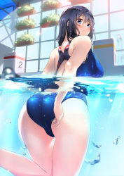 Rule 34 | 1girl, :t, absurdres, adjusting clothes, adjusting swimsuit, air bubble, ass, back cutout, backless outfit, bad id, bad pixiv id, bare arms, bare legs, bare shoulders, black hair, blue eyes, blue one-piece swimsuit, blush, breasts, bubble, caustics, closed eyes, clothes pull, clothing cutout, competition swimsuit, cowboy shot, day, embarrassed, flower pot, from behind, hand up, highres, indoors, large breasts, leg up, legs together, light rays, long hair, looking at viewer, looking back, moe2017, okamen, one-piece swimsuit, one-piece swimsuit pull, original, partially submerged, partially underwater shot, plant, pool, potted plant, pout, pouty lips, pulling own clothes, purple hair, shiny clothes, skin tight, solo, standing, standing on one leg, sunbeam, sunlight, swimsuit, thigh gap, thighs, underwater, water, wet, wet clothes, wet hair, wet swimsuit