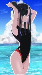 Rule 34 | 1girl, absurdres, alternate costume, arms up, asymmetrical bangs, black hair, black one-piece swimsuit, blush, colored inner hair, day, eunhwa (nikke), forehead, goddess of victory: nikke, hair bun, highleg, highleg swimsuit, highres, isayshow, long hair, looking to the side, multicolored hair, ocean, one-piece swimsuit, purple eyes, purple hair, sky, solo, swimsuit, wading, water