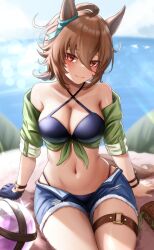 Rule 34 | 1girl, absurdres, agnes tachyon (lunatic lab) (umamusume), agnes tachyon (umamusume), ahoge, animal ears, bare shoulders, beach, bikini, black bikini, black gloves, blurry, blurry background, blush, breasts, brown hair, cleavage, closed mouth, commentary request, criss-cross halter, denim, denim shorts, ear ornament, flask, gloves, green jacket, hair between eyes, halterneck, highres, horse ears, horse girl, horse tail, jacket, jacket partially removed, large breasts, lens flare, ocean, official alternate costume, outdoors, round-bottom flask, sand, shinonome (shinonome rynn), short hair, shorts, single glove, sleeves rolled up, smile, solo, swimsuit, tail, thigh strap, umamusume, water