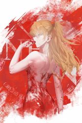 Rule 34 | 1girl, absurdres, artist request, ass, blue eyes, bodypaint, breasts, english text, expressionless, food, fruit, highres, interface headset, long hair, looking at viewer, looking to the side, neon genesis evangelion, nerv, nude, open mouth, orange hair, simple background, solo, souryuu asuka langley, standing, twintails, two side up, upper body