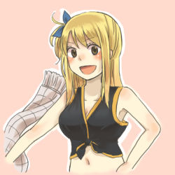 Rule 34 | 1girl, :d, blonde hair, blush, cosplay, erinan, fairy tail, lucy heartfilia, natsu dragneel, natsu dragneel (cosplay), navel, open mouth, scarf, smile, solo