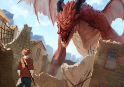 Rule 34 | 1boy, axe, bandaged arm, bandages, battle axe, black pants, building, coat, destruction, dotthebot, dragon, dragon horns, dragon wings, from behind, highres, holding, holding axe, horns, outdoors, pants, red coat, red hair, scales, scene reference, sky, solo, sousou no frieren, standing, stark (sousou no frieren), weapon, wings, yellow eyes