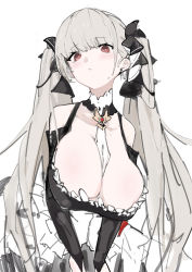 Rule 34 | 1girl, absurdres, azur lane, between breasts, breasts, cleavage, closed mouth, detached sleeves, dress, earrings, formidable (azur lane), frilled dress, frills, grey hair, hair ribbon, highres, jewelry, large breasts, long hair, ocha (popopogg), ribbon, simple background, sketch, solo, twintails, white background