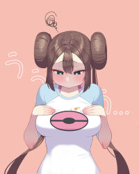 Rule 34 | 1girl, absurdres, annoyed, aqua eyes, blue shirt, blush, bra, breasts, brown hair, closed mouth, commentary request, creatures (company), double bun, food on clothes, game freak, hair bun, hands on own breasts, hands up, highres, holding, impossible clothes, korean commentary, large breasts, long hair, looking at viewer, looking down, matdoljangin, mixed-language commentary, nintendo, pink background, pink bra, pokemon, pokemon bw2, rosa (pokemon), shirt, sidelocks, solo, sound effects, squiggle, twintails, two-tone shirt, underwear, upper body, white shirt