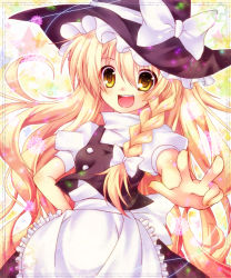 Rule 34 | 1girl, blonde hair, bow, braid, female focus, hair bow, hand on own hip, hat, hip focus, kirisame marisa, long hair, open mouth, runako, smile, solo, touhou, v, witch, witch hat, yellow eyes