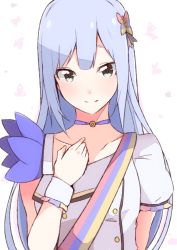 Rule 34 | 1girl, aqua eyes, asymmetrical sleeves, bad id, bad twitter id, blue hair, blush, butterfly hair ornament, detached sleeves, dress, enelis, hair ornament, hand on own chest, idolmaster, idolmaster million live!, light blue hair, long hair, looking at viewer, mismatched sleeves, nouvelle tricolore (idolmaster), shiraishi tsumugi, short sleeves, single sleeve, smile, solo, upper body, white background, wrist cuffs