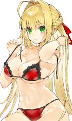 Rule 34 | 1girl, absurdres, ahoge, bare shoulders, bikini, blonde hair, blush, braid, breasts, cleavage, closed mouth, collarbone, fate/extra, fate/grand order, fate (series), french braid, green eyes, hair between eyes, hair intakes, hair ribbon, highres, kou mashiro, large breasts, long hair, looking at viewer, navel, nero claudius (fate), nero claudius (fate) (all), nero claudius (swimsuit caster) (fate), red bikini, red ribbon, ribbon, simple background, smile, solo, swimsuit, white background