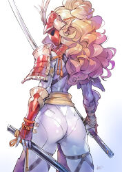 Rule 34 | 1girl, armor, ass, blonde hair, blue background, commentary request, cowboy shot, elf, from behind, gradient background, highres, holding, holding sword, holding weapon, katana, leggings, long hair, mask, matsuda (matsukichi), original, pants, poi, pointy ears, ponytail, scabbard, sheath, shoulder armor, solo, standing, sword, thigh strap, thighs, vambraces, weapon, white background, white pants