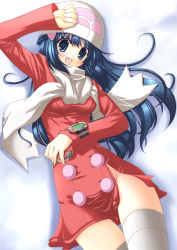 Rule 34 | 00s, 1girl, alternate costume, beanie, blue eyes, blue hair, blush, breasts, creatures (company), dawn (pokemon), dawn (pokemon platinum), female focus, game freak, hat, holding, holding poke ball, long hair, looking at viewer, matching hair/eyes, nintendo, no panties, open mouth, poke ball, pokemon, pokemon dppt, pokemon platinum, rappa (rappaya), scarf, side slit, smile, solo, thighhighs, thighs, torn clothes, watch, white scarf, winter clothes, wristwatch