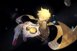 Rule 34 | 1boy, black background, blonde hair, bomber jacket, closed eyes, dhiea, fate/grand order, fate/requiem, fate (series), jacket, listening to music, male focus, musical note, scarf, smile, spacesuit, voyager (fate), voyager (third ascension) (fate)