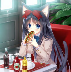 Rule 34 | 1girl, animal ears, beige blazer, black hair, blazer, blue eyes, blush, bottle, bow, bowtie, breasts, cat ears, cat girl, cat tail, checkered floor, coca-cola, collared shirt, commentary request, dated, diner, eating, food, glasses, hair between eyes, hair bow, hair over shoulder, holding, holding food, hot dog, indoors, jacket, ketchup bottle, long hair, long sleeves, looking at viewer, medium breasts, mustard, original, plant, plate, ryuuga shou, school uniform, shirt, signature, sitting, solo, table, tail, very long hair, white shirt