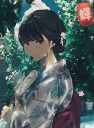 Rule 34 | 1girl, amagami, ayatsuji tsukasa, black hair, brown eyes, closed mouth, cloud, commentary request, day, hair bun, hand fan, highres, holding, holding fan, japanese clothes, kimono, long sleeves, looking at viewer, looking to the side, nape, outdoors, ramune, solo, summer, summer festival, tenpanco, tree, yukata