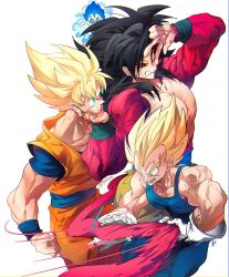 black_hair blue_eyes blue_sash closed_mouth dougi dragon_ball dragon_ball_gt dragon_ball_super dragonball_z dual_persona gloves long_hair male_focus monkey_boy monkey_tail multiple_boys muscular muscular_male ommmyoh open_mouth pants red_fur saiyan sash smile son_goku spiked_hair super_saiyan super_saiyan_1 super_saiyan_4 super_saiyan_blue_evolved tail twitter_username vegeta wristband yellow_pants