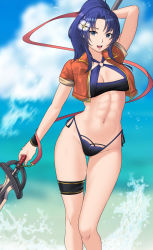 Rule 34 | 1girl, abs, arm behind head, bbk (13zk), bikini, blue bikini, blue eyes, blue hair, bracelet, breasts, cleavage, cloud, commentary, english commentary, feet out of frame, fire emblem, fire emblem: new mystery of the emblem, fire emblem heroes, flower, gold trim, groin, hair flower, hair ornament, halterneck, highleg, highleg bikini, highres, holding, holding polearm, holding weapon, jewelry, kris (fire emblem), long hair, looking at viewer, medium breasts, nintendo, open clothes, open mouth, open vest, polearm, ponytail, red vest, sidelocks, smile, solo, string bikini, swimsuit, thigh gap, thigh strap, thighs, vest, waves, weapon