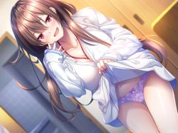 Rule 34 | 1girl, aikagi 3, azarashi soft, blush, breasts, brown hair, cleavage, clothes lift, dutch angle, female focus, game cg, gintarou (kurousagi108), hair between eyes, hand up, happy, indoors, large breasts, legs, lifted by self, long hair, looking at viewer, mole, mole under eye, navel, open mouth, panties, panty focus, pantyshot, presenting, red eyes, red neckwear, saotome ai, shirt, shirt lift, smile, solo, standing, thigh gap, thighs, unbuttoned, unbuttoned shirt, underwear, white shirt