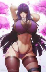 Rule 34 | 1girl, absurdres, alternate costume, arms behind head, arms up, artstation username, backlighting, bikini, black thighhighs, blunt bangs, blurry, blurry foreground, breasts, bursting breasts, byakugan, cherry blossoms, cleavage, contrapposto, cowboy shot, crop top, curvy, deep skin, eyelashes, falling petals, female focus, fishnet top, fishnets, floating hair, forehead protector, gluteal fold, highres, huge breasts, hyuuga hinata, konohagakure symbol, leg wrap, legs apart, long hair, looking at viewer, midriff, narrow waist, naruto, naruto (series), navel, o-ring, o-ring bikini, o-ring bottom, o-ring top, parted lips, petals, pouch, purple bikini, purple eyes, purple hair, revealing clothes, short sleeves, skindentation, slivokuch, smile, solo, stomach, swimsuit, thigh gap, thigh pouch, thigh strap, thighhighs, thighs, tree, very long hair, white eyes, wide hips