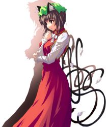 Rule 34 | 1girl, animal ears, bad id, bad pixiv id, brown eyes, brown hair, cat ears, cat girl, cat tail, chen, dress, earrings, female focus, guang, hat, jewelry, multiple tails, aged up, short hair, sigil, solo, tail, touhou