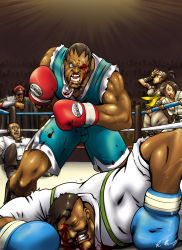 Rule 34 | 2girls, 4boys, arena, bad end, balrog (street fighter), beaten, blood, boxing, boxing gloves, boxing ring, capcom, dark skin, defeat, dudley, facepalm, facial hair, highres, ibuki (street fighter), injury, m. bison, makoto (street fighter), manly, mouth guard, multiple boys, multiple girls, muscular, mustache, rajomu, referee, spanish text, street fighter, street fighter iii (series), street fighter iv (series)