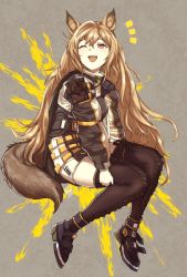 Rule 34 | 1girl, animal ears, arknights, belt, belt buckle, black jacket, brown hair, buckle, ceobe (arknights), collar, commentary request, dog ears, dog tail, fang, grey background, hair between eyes, hand on own thigh, highres, jacket, kuroinu0067, lace, lace-trimmed legwear, lace trim, long hair, looking up, notice lines, one eye closed, open mouth, oversized clothes, paint splatter, red eyes, signature, smile, solo, tail, thighhighs, very long hair, white jacket, yellow background