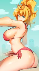 Rule 34 | 1girl, ass, bikini, blue eyes, breasts, crown, from side, high ponytail, highres, huge ass, kenron toqueen, large breasts, long hair, looking at viewer, mario (series), navel, nintendo, outdoors, pink bikini, ponytail, princess peach, seductive smile, side-tie bikini bottom, sideboob, sitting, sky, smile, solo, strap gap, super mario odyssey, swimsuit, thick thighs, thighs, thong, thong bikini, untying