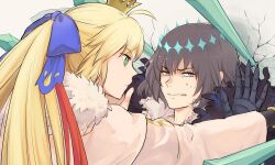 Rule 34 | 1boy, 1girl, angry, artoria caster (fate), artoria caster (third ascension) (fate), artoria pendragon (fate), black fur, blonde hair, blue bow, blue eyes, bow, bracelet, crown, dress, fate/grand order, fate (series), fur trim, gloves, green eyes, grey hair, jewelry, kabedon, long sleeves, manaka (rkgkmanax), oberon (fate), red hair, twintails, white dress, white fur