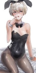 Rule 34 | 1girl, alternate costume, animal ears, arm support, bed sheet, black bow, black bowtie, black leotard, black pantyhose, blue eyes, blush, bow, bowtie, breasts, collar, commentary, covered navel, detached collar, eyes visible through hair, fake animal ears, half-closed eyes, hand on own face, highres, inusaka, kantai collection, leotard, light frown, looking at viewer, oekaki, on bed, open mouth, pantyhose, playboy bunny, rabbit ears, short hair, silver hair, sitting, small breasts, solo, strapless, strapless leotard, sweatdrop, white background, white collar, wing collar, wrist cuffs, yokozuwari, z1 leberecht maass (kancolle)