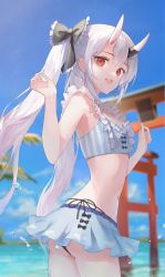 Rule 34 | 1girl, :d, ass, bikini, bikini skirt, blue sky, blurry, blurry background, commentary request, cowboy shot, day, earrings, flat chest, heart, heart earrings, highres, hololive, horns, jewelry, long hair, looking at viewer, nakashima (pluscolor), nakiri ayame, nakiri ayame (hololive summer 2019), navel, open mouth, outdoors, red eyes, skin-covered horns, sky, smile, solo, swimsuit, torii, twintails, virtual youtuber, water, white hair