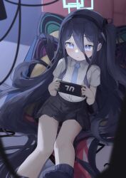 Rule 34 | 1girl, absurdres, aris (blue archive), black hair, black skirt, black socks, blue archive, blue eyes, blush, closed mouth, collared shirt, hair between eyes, halo, handheld game console, highres, holding, holding handheld game console, klaius, long hair, necktie, one side up, pleated skirt, shirt, short sleeves, sitting, skirt, socks, solo, very long hair, white shirt