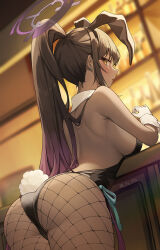 Rule 34 | 1girl, animal ears, ass, back, backless leotard, bar (place), bare back, black leotard, blue archive, blurry, blurry background, blush, breasts, counter, cowboy shot, dark-skinned female, dark skin, detached collar, earrings, elbow rest, fake animal ears, fake tail, fishnet pantyhose, fishnets, from behind, gloves, gradient hair, gya (144), halo, high ponytail, highres, indoors, jewelry, karin (blue archive), karin (bunny) (blue archive), large breasts, leaning, leotard, long hair, looking at viewer, multicolored hair, open mouth, pantyhose, playboy bunny, profile, purple hair, rabbit tail, sailor collar, side-tie leotard, sideboob, sidelocks, sideways glance, solo, stud earrings, tail, thighs, twitter username, very long hair, white gloves, white sailor collar, yellow eyes