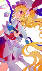 Rule 34 | 1girl, absurdres, alternate hair length, alternate hairstyle, back bow, back cutout, blonde hair, bow, clothing cutout, commentary request, cowboy shot, crystal, flandre scarlet, from behind, hat, hat bow, highres, hinasumire, long hair, looking at viewer, looking back, mob cap, puffy short sleeves, puffy sleeves, red bow, red eyes, red skirt, red vest, shirt, short sleeves, side ponytail, simple background, skirt, solo, touhou, very long hair, vest, white background, white bow, white hat, white shirt, wings