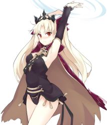 Rule 34 | &gt;:(, 1girl, armpits, arms up, bad id, bad pixiv id, black leotard, blonde hair, blush, breasts, cape, closed mouth, cowboy shot, detached sleeves, ereshkigal (fate), fate/grand order, fate (series), groin, hair ribbon, impossible clothes, leotard, long hair, long sleeves, looking at viewer, medium breasts, mobu, parted bangs, purple cape, purple ribbon, red eyes, ribbon, simple background, single detached sleeve, skull, solo, standing, strapless, strapless leotard, thighs, tiara, tohsaka rin, two side up, v-shaped eyebrows, white background