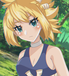 Rule 34 | 1girl, bare arms, blonde hair, blue dress, blue eyes, blush, breasts, closed mouth, commentary request, dr. stone, dress, forest, frown, green eyes, highres, kohaku (dr. stone), looking at viewer, nature, ponytail, shiki (kisikisi1007), solo, tree, upper body