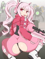 Rule 34 | 1girl, alice (nikke), animal ears, ass, ass cutout, black panties, bodysuit, boots, breasts, clothing cutout, fake animal ears, from behind, goddess of victory: nikke, gun, headset, holding, holding gun, holding weapon, kabeume, large breasts, looking at viewer, looking back, open mouth, panties, pink bodysuit, pink hair, red hair, solo, squatting, twintails, underwear, weapon, white footwear