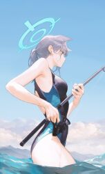 Rule 34 | 1girl, animal ears, blue archive, blue sky, breasts, cloud, competition swimsuit, day, ear piercing, extra ears, fishing rod, from side, grey hair, halo, highres, holding, holding fishing rod, medium breasts, official alternate costume, one-piece swimsuit, outdoors, piercing, ponytail, profile, shiroko (blue archive), shiroko (swimsuit) (blue archive), sky, solo, sul ( 20sub), swimsuit, wading, water, wet, wet hair, wolf ears