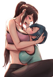 Rule 34 | 2girls, absurdres, bare shoulders, between breasts, black pants, blue eyes, blue hair, blush, breasts, brown hair, cheonju, collarbone, commentary request, commission, drooling, eye contact, hair ornament, hairpin, hand on another&#039;s head, head between breasts, highres, hug, korean commentary, large breasts, long hair, looking at another, multiple girls, open mouth, original, pants, ponytail, saliva, saliva swap, short hair, sidelocks, simple background, smile, sports bra, sweat, teeth, tongue, tongue out, upper teeth only, white background, yuri