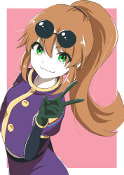 Rule 34 | 1girl, brown hair, closed mouth, eyewear on head, gloves, green eyes, long hair, looking at viewer, ponytail, precis neumann, smile, solo, star ocean, star ocean the second story, sunglasses, v, yuiki wakana