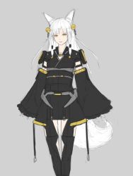 Rule 34 | 1girl, animal ears, armor, bad id, bad twitter id, bell, black dress, breasts, commentary request, detached sleeves, dress, feet out of frame, fox ears, fox girl, fox tail, grey background, hair ornament, highres, long hair, looking at viewer, original, pantyhose, shoulder armor, small breasts, solo, sugi 214, tail, unfinished, white hair, wide sleeves, yellow eyes