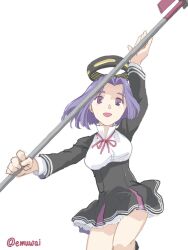 Rule 34 | 1girl, black dress, breasts, collared shirt, cowboy shot, dress, dress shirt, emuwai, forehead, glaive (polearm), halo, holding, holding weapon, kantai collection, large breasts, mechanical halo, one-hour drawing challenge, polearm, purple eyes, purple hair, shirt, short hair, simple background, solo, tatsuta (kancolle), weapon, white background, white shirt