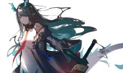 Rule 34 | 1girl, arknights, bare shoulders, black coat, black hair, breasts, closed mouth, coat, colored inner hair, dragon horns, dress, dusk (arknights), earrings, expressionless, floating hair, hair over one eye, highres, holding, holding sword, holding weapon, horns, jewelry, long hair, long sleeves, looking at viewer, medium breasts, multicolored hair, necktie, off shoulder, open clothes, open coat, pointy ears, red eyes, sidelocks, simple background, sleeveless, sleeveless dress, solo, streaked hair, sword, tianye toshi, upper body, weapon, white background, white dress, wide sleeves, wing collar