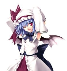 Rule 34 | 1girl, ;d, alternate costume, bat wings, black bow, blue hair, bow, buttons, collared shirt, detached sleeves, duplicate, fang, female focus, frilled skirt, frills, hat, hat ribbon, mob cap, one eye closed, open mouth, red eyes, red ribbon, remilia scarlet, ribbon, sash, shirt, shirt bow, short hair, simple background, skirt, sleeveless, sleeveless shirt, smile, solo, tateha (marvelous grace), touhou, white background, white hat, white shirt, white sleeves, wings, wink