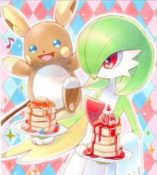 Rule 34 | 1girl, alolan form, alolan raichu, argyle, argyle background, argyle clothes, arms up, berry (pokemon), blue eyes, blueberry, blush stickers, bob cut, butter, closed mouth, colored skin, cream, creatures (company), dessert, female focus, flat chest, food, fruit, game freak, gardevoir, gen 3 pokemon, gen 7 pokemon, green skin, hair over one eye, hands up, happy, holding, holding food, holding plate, ice cream, jam, leg up, leppa berry, looking to the side, multicolored background, multicolored eyes, multicolored skin, musical note, nintendo, one eye covered, open mouth, outline, pancake, pancake stack, pawpads, pecha berry, plate, pokemon, pokemon (creature), red eyes, red hair, short hair, sideways mouth, smile, sparkle, standing, standing on one leg, strawberry, syrup, towel on arm, traditional media, two-tone skin, upper body, white outline, white skin, yellow eyes, yuka (yukaaaaaaa0705)