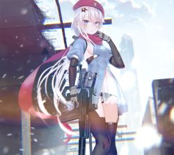 Rule 34 | 1girl, 9a-91, 9a-91 (girls&#039; frontline), absurdres, assault rifle, beret, bikini, black panties, blue dress, blue eyes, blue sky, blush, breasts, cityscape, cloud, day, dress, floating hair, girls&#039; frontline, gloves, gun, hair between eyes, hair ornament, hat, highres, holding, holding gun, holding weapon, long hair, looking at viewer, low twintails, medium breasts, navel, outdoors, panties, pottsness, red scarf, rifle, scarf, see-through, silver hair, sky, snow, solo, star (symbol), star hair ornament, string bikini, swimsuit, thighhighs, twintails, underwear, very long hair, weapon, wind