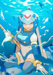 Rule 34 | 1girl, armor, blue armor, blue eyes, blue helmet, boots, breasts, crop top, fairy leviathan (mega man), forehead, full body, glint, glowing fish, highres, holding, holding polearm, holding weapon, kneehighs, looking at viewer, mega man (series), mega man zero (series), polearm, smile, socks, solo, thigh boots, twitter username, underwater, weapon, yinke