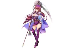 Rule 34 | 1girl, armor, breastplate, breasts, brown hair, cape, chain, cleavage, dahlia (flower knight girl), dress, flower knight girl, full body, hand on own hip, holding, holding weapon, long hair, miniskirt, monety, purple eyes, scythe, short dress, skirt, smile, solo, thighhighs, transparent background, weapon, zettai ryouiki