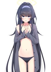 Rule 34 | 1girl, bags under eyes, bikini, black bikini, black hair, blue archive, blue eyes, blue hairband, blush, breasts, commentary request, gluteal fold, grey jacket, groin, hair between eyes, hairband, halo, jacket, long sleeves, looking at viewer, navel, nayuhi (yukimuu14), off shoulder, official alternate costume, open clothes, open jacket, own hands together, parted lips, ponytail, revision, sidelocks, simple background, sleeves past wrists, small breasts, solo, standing, stomach, swimsuit, ui (blue archive), ui (swimsuit) (blue archive), white background