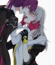 Rule 34 | 2girls, :p, arm grab, assertive female, black gloves, black jacket, coat, coat on shoulders, commentary, english commentary, eyewear on head, finger in another&#039;s mouth, gloves, grey hair, hand on another&#039;s arm, hand on another&#039;s face, honkai: star rail, honkai (series), jacket, jewelry, kafka (honkai: star rail), kairoushu (dones01127), long hair, mixed-language commentary, multiple girls, open clothes, open jacket, open mouth, purple eyes, purple hair, ring, saliva, shirt, simple background, stelle (honkai: star rail), teasing, tongue, tongue out, trailblazer (honkai: star rail), upper body, white background, white shirt, white sleeves, yellow eyes, yuri