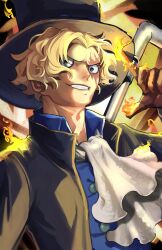 Rule 34 | 1boy, ascot, black hat, blonde hair, brown gloves, clenched teeth, commentary request, fire, fujitachobi, gloves, hair between eyes, hat, highres, lead pipe, looking at viewer, male focus, one piece, sabo (one piece), scar, scar across eye, scar on face, short hair, smile, solo, teeth, top hat, white ascot
