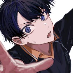 Rule 34 | 1boy, black hair, blue hair, collared shirt, haikyuu!!, hair between eyes, highres, kageyama tobio, karasuno volleyball uniform, male focus, multicolored hair, open mouth, outstretched hand, playing sports, shirt, short hair, simple background, solo, sportswear, sweat, two-tone hair, volleyball, volleyball uniform, white background, yadu nadu