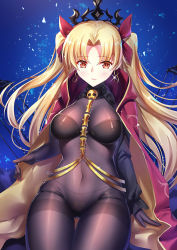 Rule 34 | 1girl, black gloves, black panties, blonde hair, blush, bodysuit, breasts, cape, earrings, ereshkigal (fate), fate/grand order, fate (series), female pubic hair, gloves, gold trim, hoop earrings, iro ame (amewaagada), jewelry, long hair, looking at viewer, medium breasts, navel, panties, parted bangs, pubic hair, red cape, red eyes, red ribbon, ribbon, see-through, see-through silhouette, skull, sky, solo, spine, star (sky), starry sky, tiara, twintails, two side up, underwear
