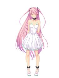 Rule 34 | 1girl, bare shoulders, breasts, demon girl, dress, felicia (taimanin kurenai), female focus, full body, lilith-soft, long hair, looking at viewer, official art, pink hair, pointy ears, red eyes, shiny skin, small breasts, smile, solo, taimanin (series), taimanin kurenai, twintails, very long hair, white dress, zol